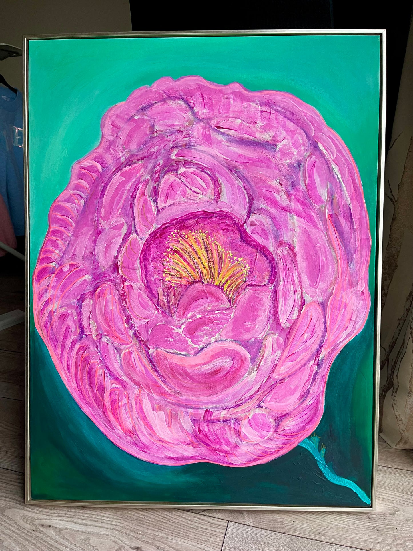 In Bloom ,floral pinks,green background.