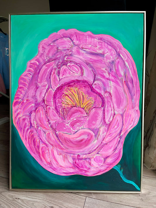 In Bloom ,floral pinks,green background.