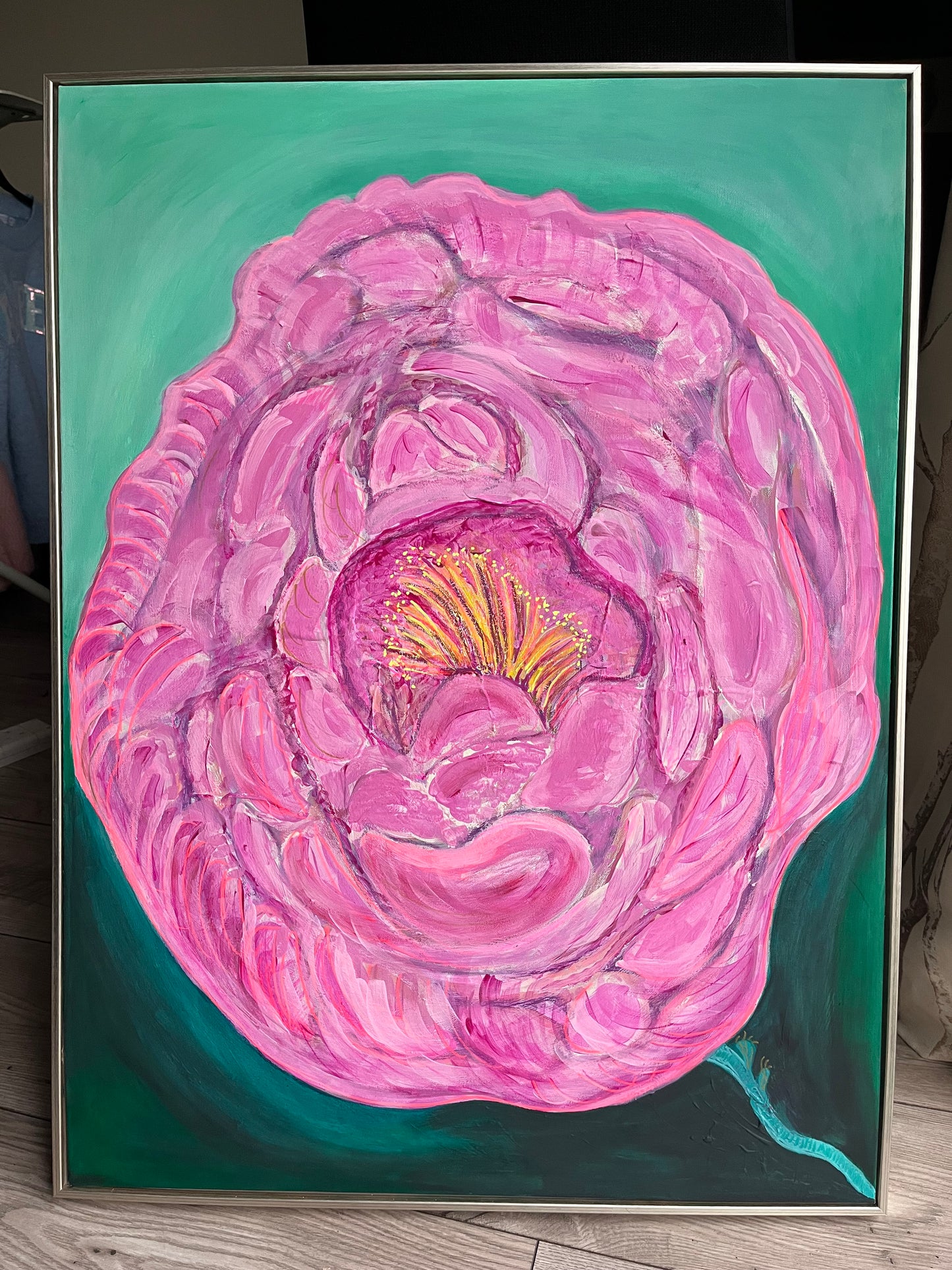 In Bloom ,floral pinks,green background.