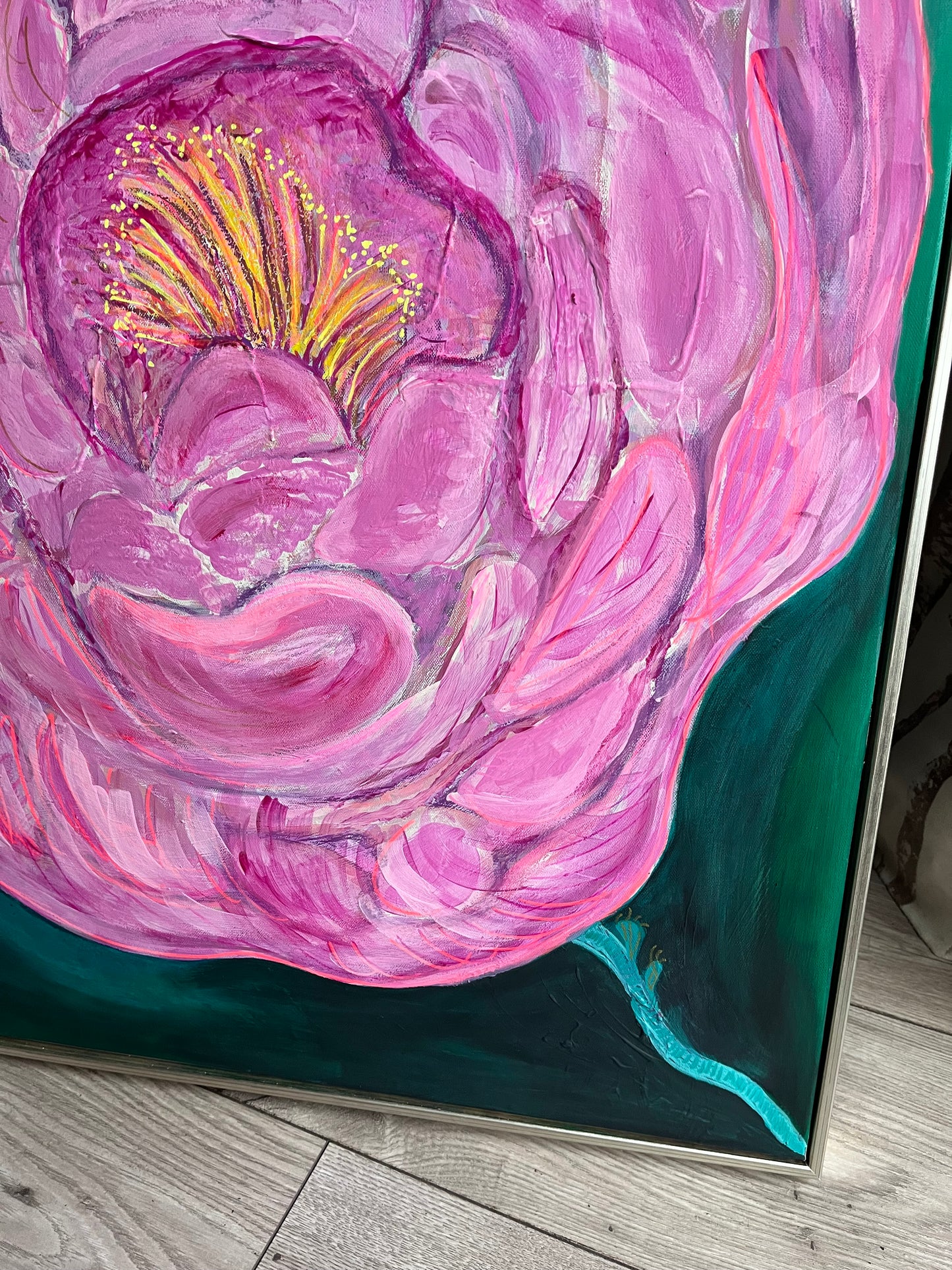 In Bloom ,floral pinks,green background.